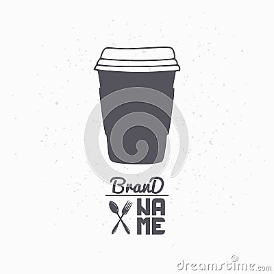 Hand drawn silhouette of cardboard cup. Coffee shop logo template for craft food packaging or brand identity Vector Illustration