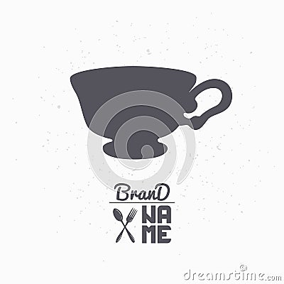 Hand drawn silhouette of cup. Tea shop logo template for craft food packaging or brand identity Vector Illustration