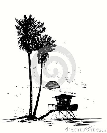 Hand drawn palm trees silhouette on beach with lifeguard tower. Sunset in the ocean Vector Illustration