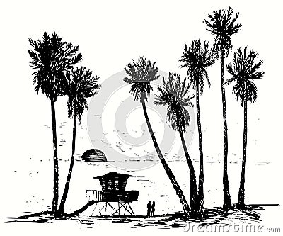 Hand drawn palm trees silhouette on beach with lifeguard tower. Couple in love looking at sunset in the ocean Vector Illustration