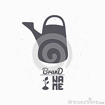 Hand drawn silhouette of watering can. Eco food logo template for craft packaging or brand identity Vector Illustration