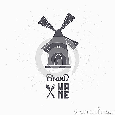 Hand drawn silhouette of wind mill. Logo template for craft food packaging or brand identity Vector Illustration