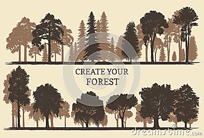 Hand drawn silhouettes of different trees. Create your own forest. Vector sketches of coniferous or deciduous woods. Vector Illustration