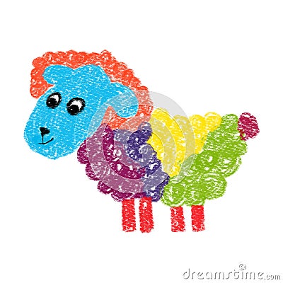 Hand-drawn simple colorful sheep on white background. Isolated. Pencil technique. For kids card Stock Photo