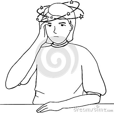 Hand drawn simple Illustration of a young girl with headache and dizziness Stock Photo