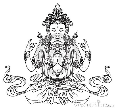 Hand-drawn sitting Buddha meditating in lotus pose Vector Illustration