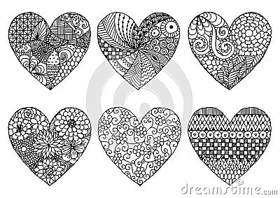 Hand drawn six hearts zentangle style isolate on white Vector Illustration