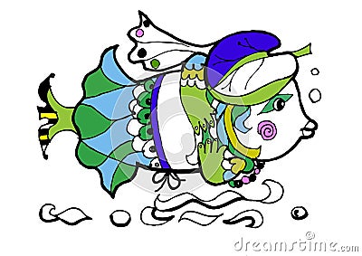 Fish in the hat,coloring page, freehand sketch, funny cartoon animalsÂ  Vector Illustration