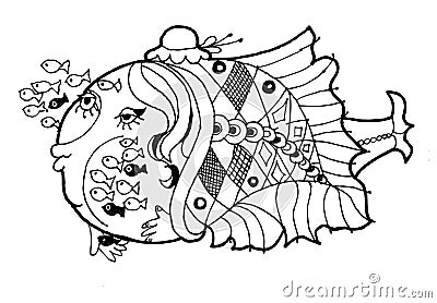 Fish nursery school, funny cartoon fish, blach and weit wersion coloring page Vector Illustration
