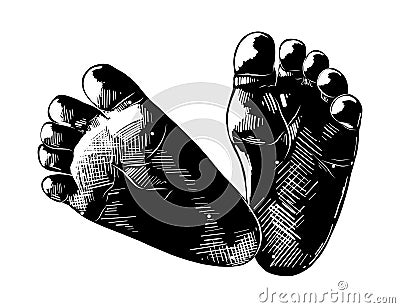 Hand drawn sketch of baby foots in black isolated on white background. Detailed vintage etching style drawing. Vector Illustration