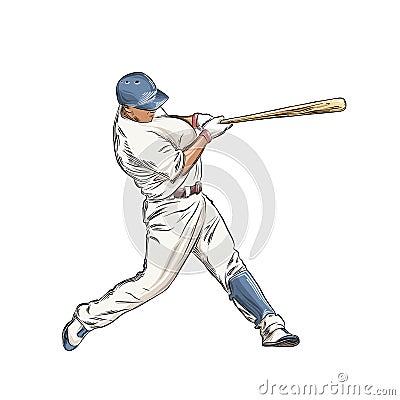 Hand drawn sketch of baseball player in color isolated on white background. Detailed vintage style drawing. Vector Vector Illustration