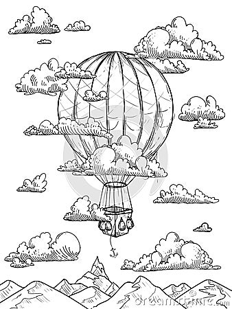 Hand drawn sketch black and white coloring page of vintage air balloon, clouds, sky, mountains. Vector illustration Vector Illustration