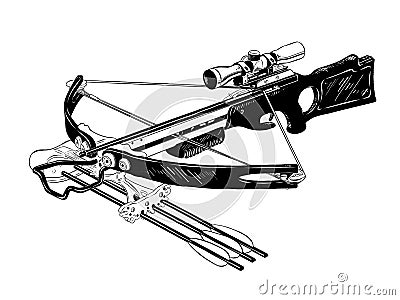 Hand drawn sketch of crossbow in black isolated on white background. Detailed vintage etching style drawing. Vector Illustration