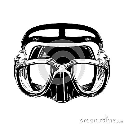 Hand drawn sketch of diving mask in black isolated on white background. Detailed vintage etching style drawing. Vector Illustration