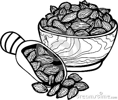 Hand drawn sketch doodle vector illustration cardamon doodle almond or cardamon nuts in the bowl dish with the shovel black Vector Illustration