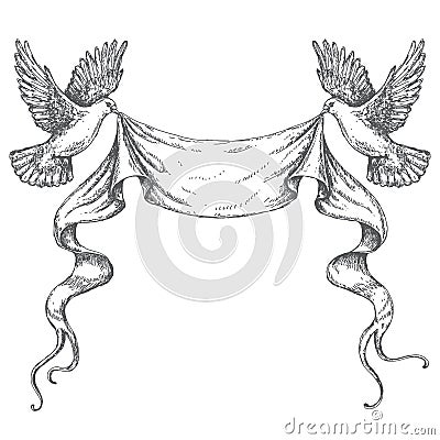 Hand Drawn Sketch of Flying Doves with Ribbon Vector Illustration