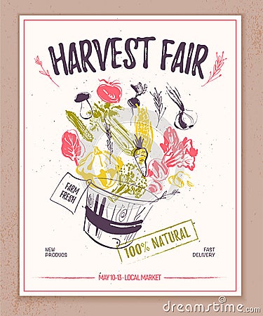 Vector farmers market banner with hand drawn sketch basket full of raw vegetables splashing out. Vector Illustration