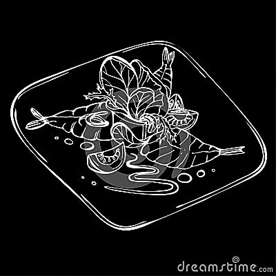 Hand drawn sketch of fresh salad with greens, shrimps, tomato. Vector Illustration