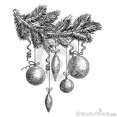Hand drawn sketch Fur tree branch with New Year and Christmas decorations. design elements Vector Illustration
