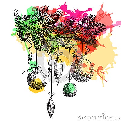 Hand drawn sketch Fur tree branch with New Year and Christmas decorations. element colorful watercolor blots Vector Illustration