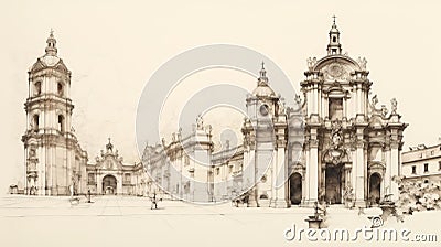 Hand-drawn Sketch Of Grand Cathedral In Spain: Delicate Realism And Baroque Architecture Stock Photo