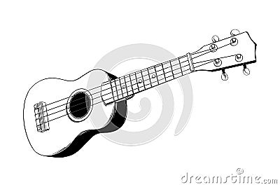 Hand drawn sketch of Hawaiian ukulele guitar in black isolated on white background. Detailed vintage etching style drawing. Vector Illustration