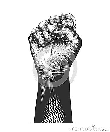 Hand drawn sketch of human fist in monochrome isolated on white background. Detailed vintage woodcut style drawing. Vector Illustration