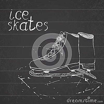 Hand drawn sketch ice skates. Drawing Sport doodle element winter sports items. on chalkboard background Vector Illustration