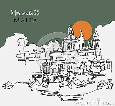 Hand drawn sketch illustration of Marsaxlokk coastline in Malta Vector Illustration