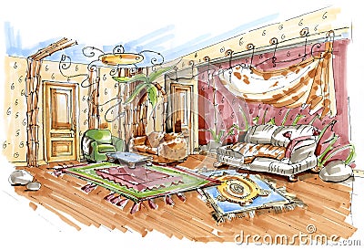 Hand drawn sketch of a jungle style playroom interior Stock Photo