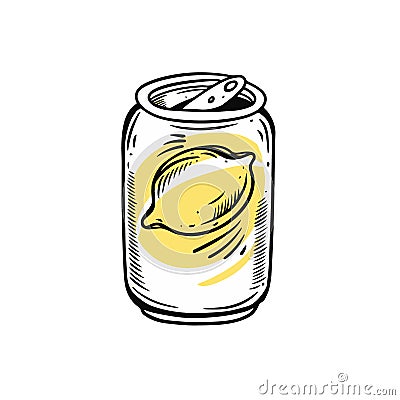 Hand drawn sketch lemonade in an aluminum can. Lemon sign. Vector Illustration