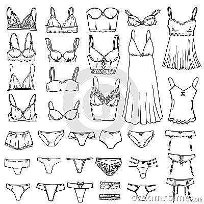 Hand drawn sketch Lingerie set. Fashion feminine vector icon illustration. Sexy lacy woman underwear symbol collection. Vector Illustration