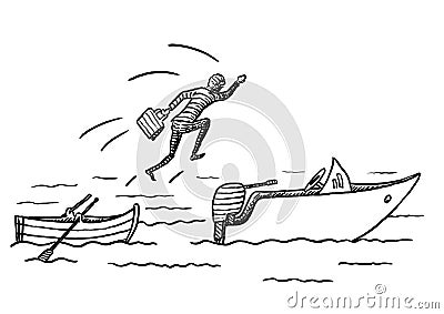 Sketched Man Leaving Rowing Boat For Speed Boat Stock Photo