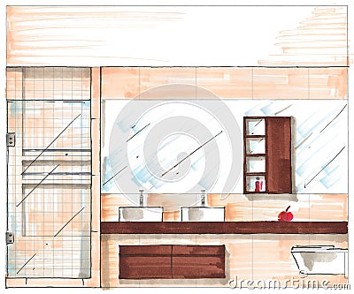 Hand Drawn Sketch of a Modern Bathroom Composition Stock Photo