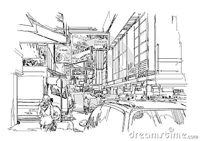 Hand drawn sketch of modern cityscape,urban city street Stock Photo