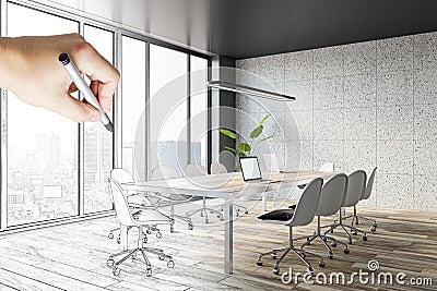 Hand drawn sketch of modern tile conference room interior with wooden flooring, furniture, panoramic glass window with city view. Stock Photo