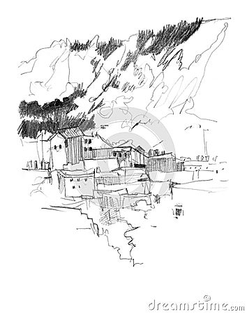 Hand drawn sketch of mountain rural landscape Stock Photo