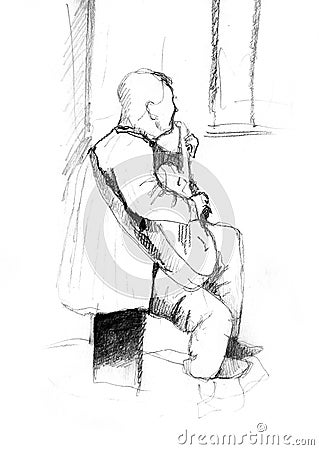 Hand drawn sketch of old busker Stock Photo