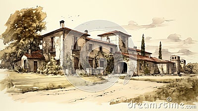 Hand-drawn Sketch Of An Old Villa In Wine Country Italy Stock Photo