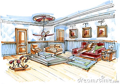 Hand drawn sketch of a playroom interior Stock Photo