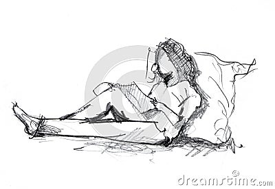 Hand drawn sketch of reading girl Stock Photo