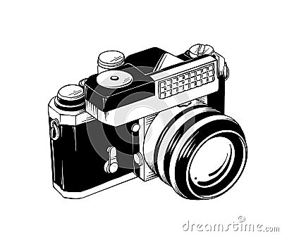 Hand drawn sketch of retro camera in isometry isolated on white background. Detailed vintage etching style drawing Vector Illustration