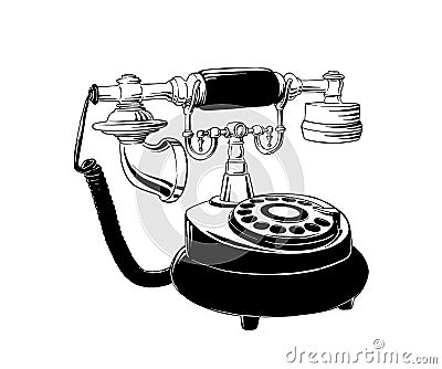 Hand drawn sketch of retro phone in black isolated on white background. Detailed vintage etching style drawing Vector Illustration