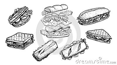 Hand drawn sketch sandwiches set. Top and perspective view. Vector Illustration