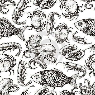 Hand drawn sketch seafood seamless pattern. Vector Illustration