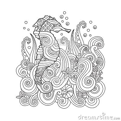 Hand drawn sketch of seahorse under the sea in zentangle inspired style. Vector Illustration