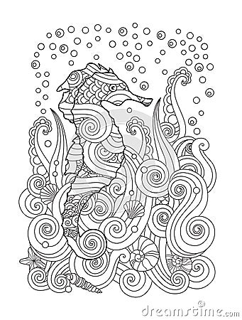 Hand drawn sketch of seahorse under the sea in zentangle inspired style. Vector Illustration