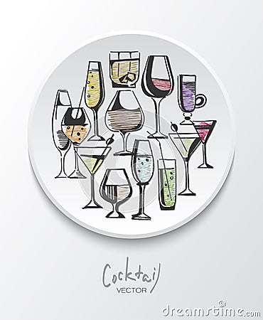 Hand drawn sketch set of alcohol drinks and cocktails. Vector illustration Vector Illustration