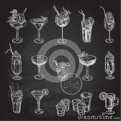 Hand drawn sketch set of alcoholic cocktails. Vector illustration Vector Illustration