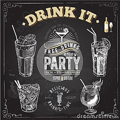 Hand drawn sketch set of alcoholic cocktails. Vector illustration Vector Illustration